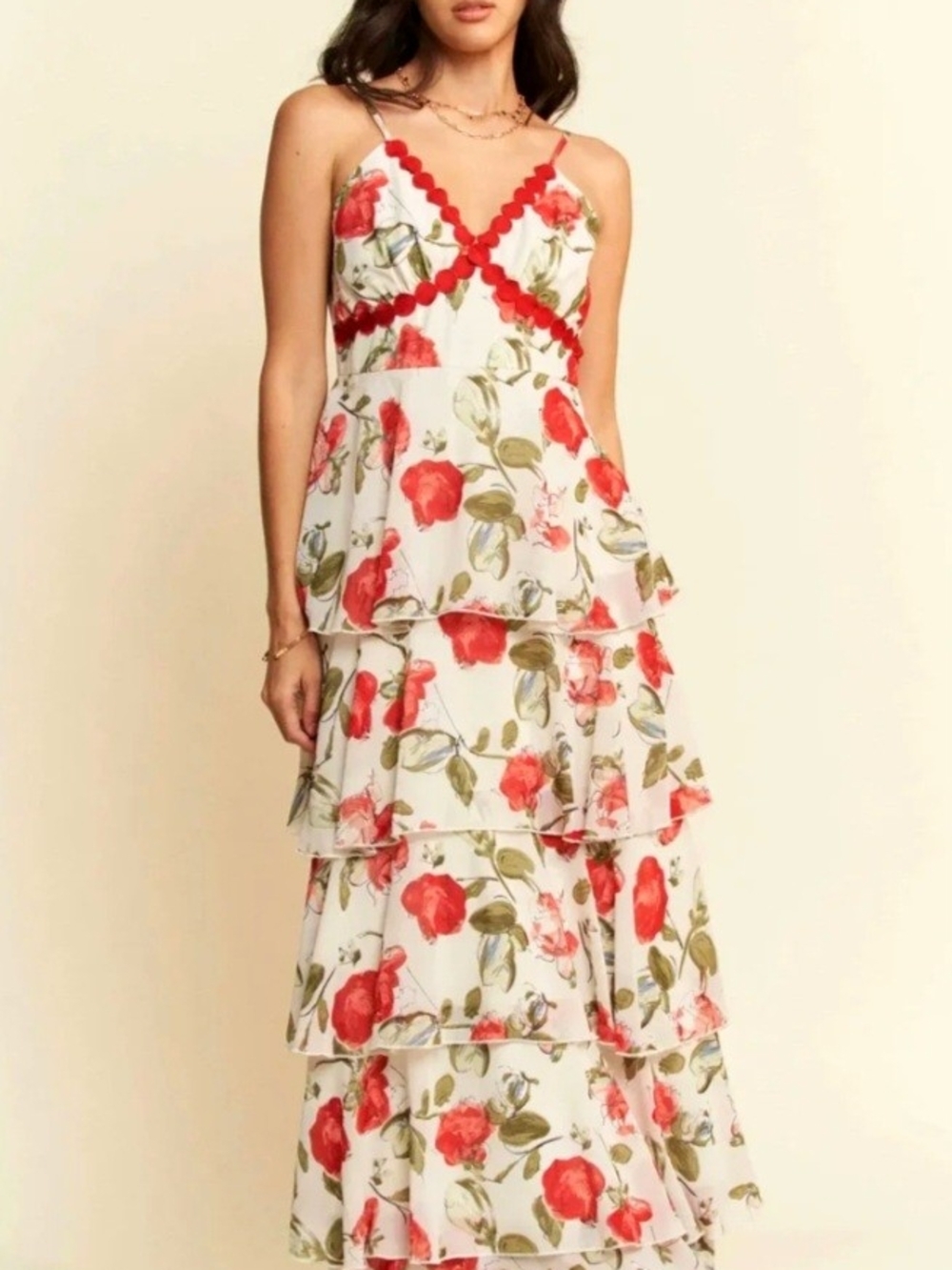 DAVI & DANI Layered Floral Maxi Dress with Red Roses